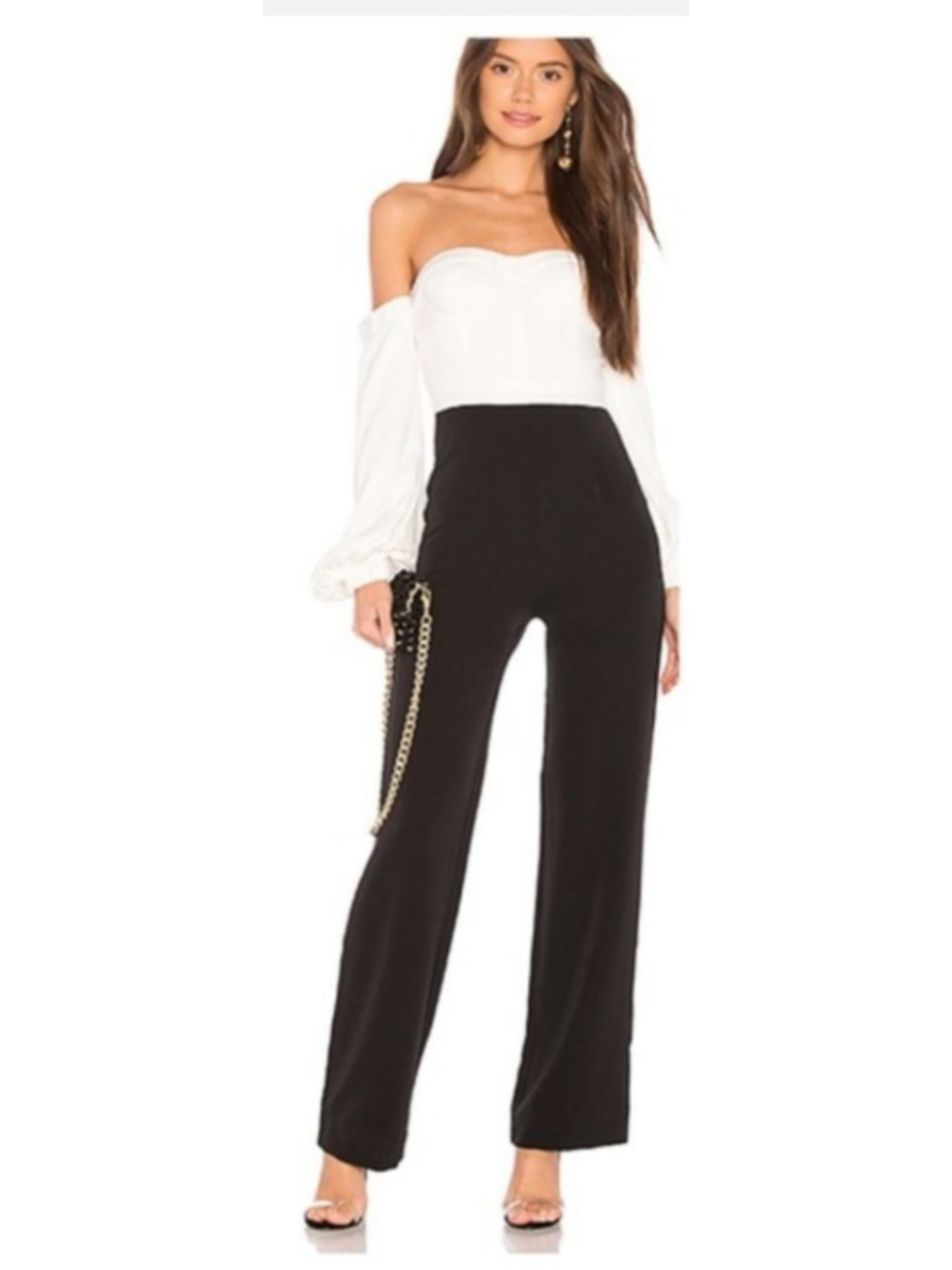 NBD Jumpsuit Black White Off Shoulder XS